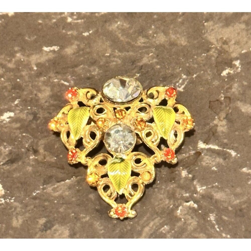 RIVOLI AB ART DECO BROOCH OR PENDANT GOLD GREEN ENAMEL AMBER RHINESTONES MCM EUC - Picture 2 of 7
